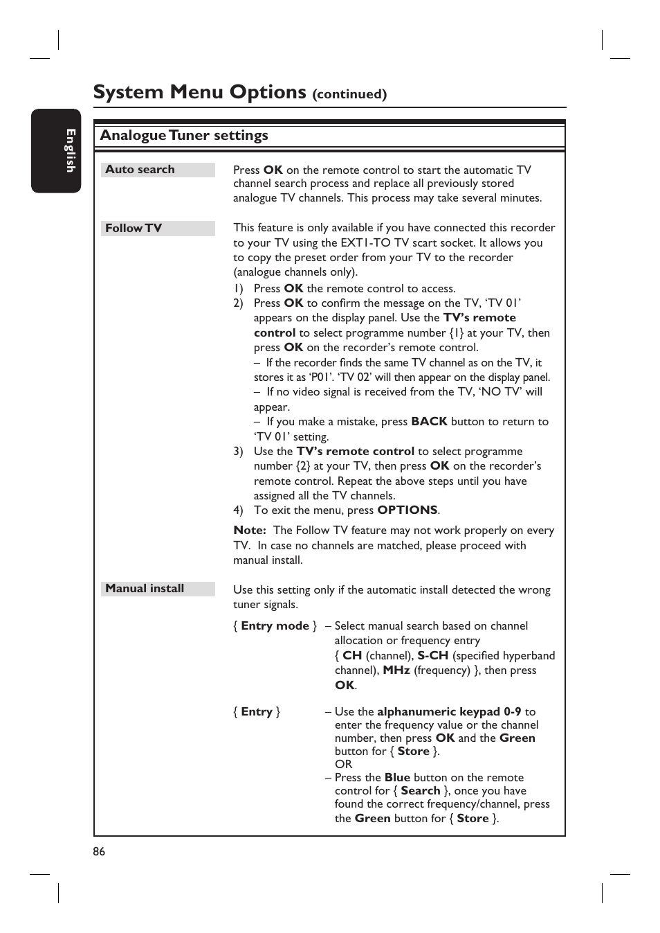 System menu options, Analogue tuner settings | PYLE Audio DVDR5520H User Manual | Page 86 / 112