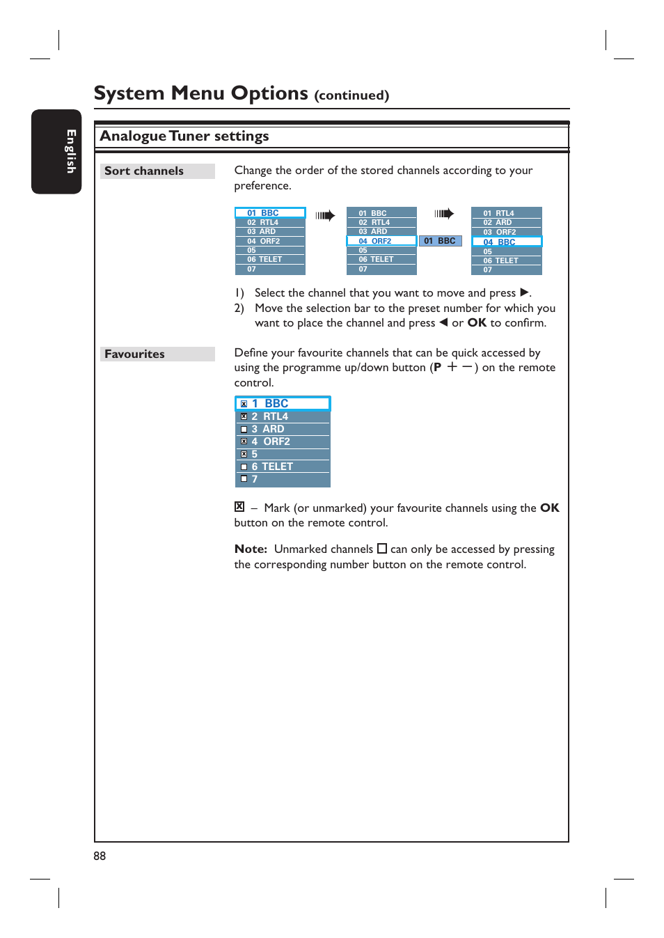 System menu options, Analogue tuner settings, Continued) | PYLE Audio DVDR5520H User Manual | Page 88 / 112