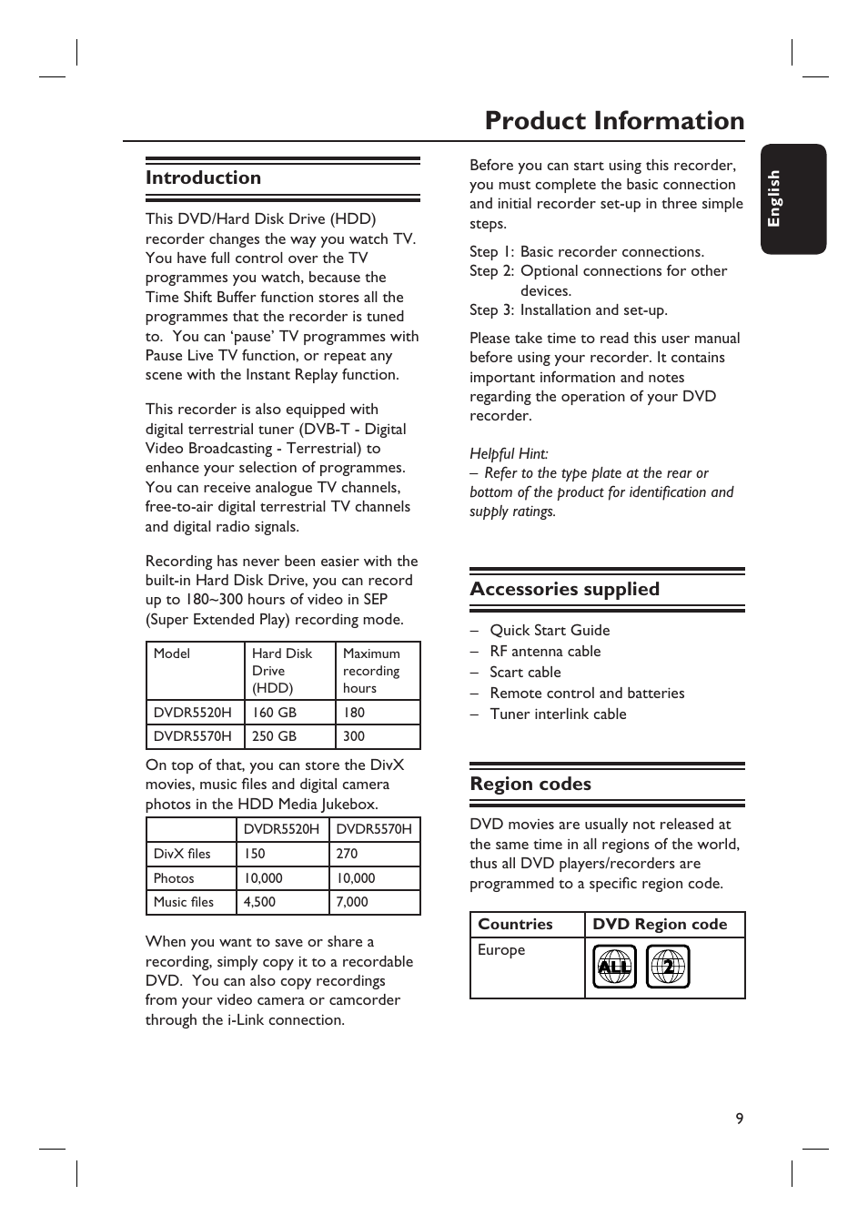 Product information, Introduction, Accessories supplied | Region codes | PYLE Audio DVDR5520H User Manual | Page 9 / 112