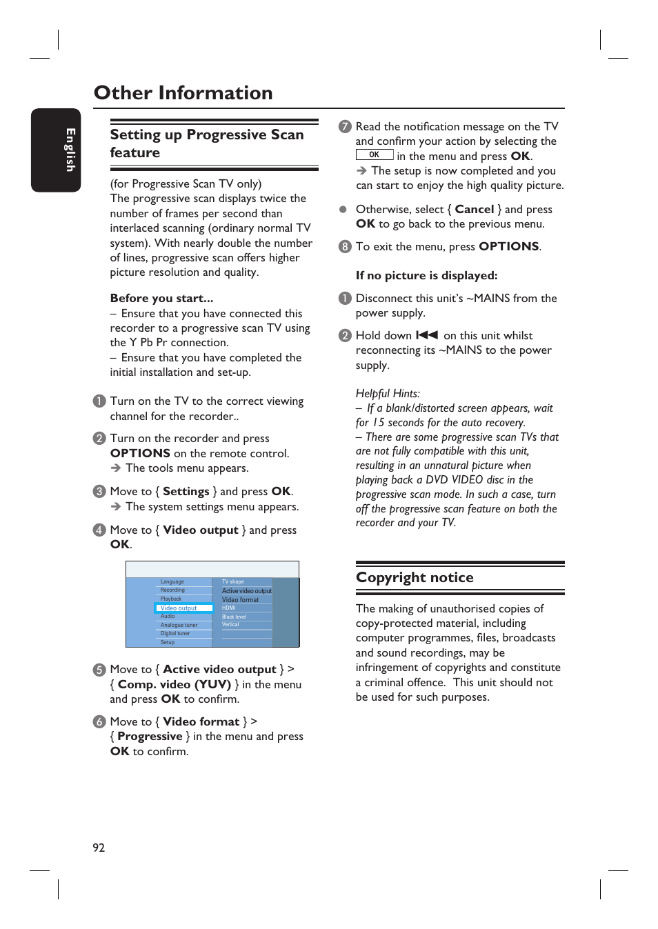 Other information, Setting up progressive scan feature, Copyright notice | PYLE Audio DVDR5520H User Manual | Page 92 / 112