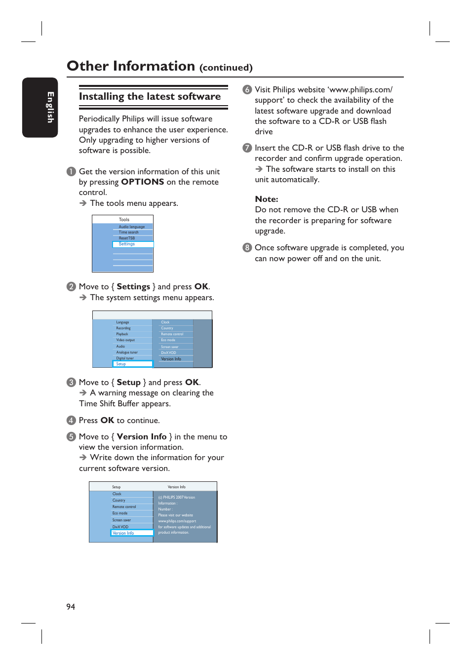 Other information, Installing the latest software, Continued) | English 94, The tools menu appears, Move to { settings } and press ok, The system settings menu appears, Move to { setup } and press ok, Press ok to continue | PYLE Audio DVDR5520H User Manual | Page 94 / 112