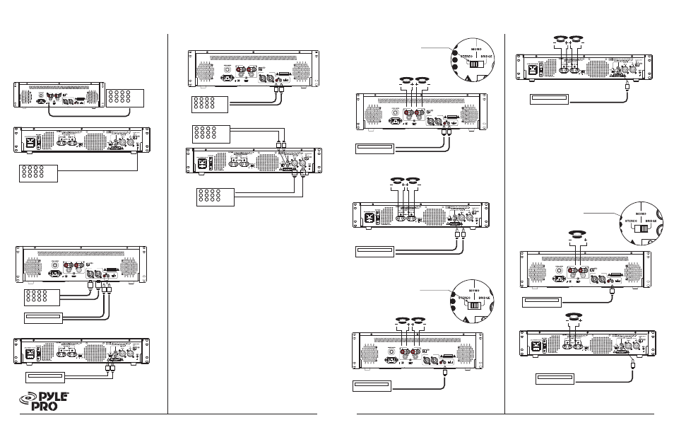 Stereo operation, Mono bridged operation, Mono operation | Ch-2 ch-1, Ground lift ground lift, Ground screw, Preamp or mixer, Use rca jacks, Use xlr/6.35mm combo jacks, Switch in “stereo” position | PYLE Audio PZR10XA User Manual | Page 3 / 4