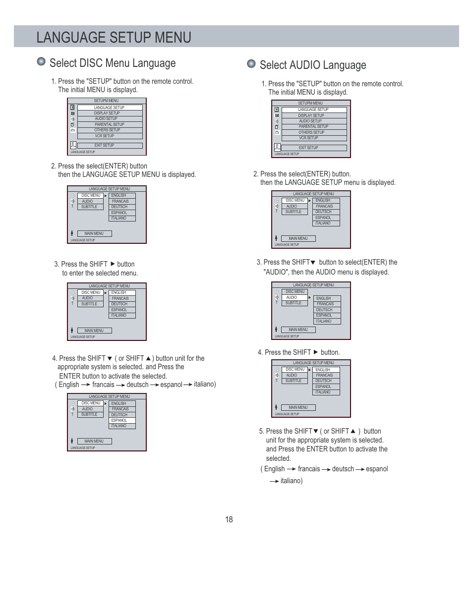 Language setup menu, Select disc menu language, Select audio language | Press the shift button | PYLE Audio PLDVCR500 User Manual | Page 19 / 45