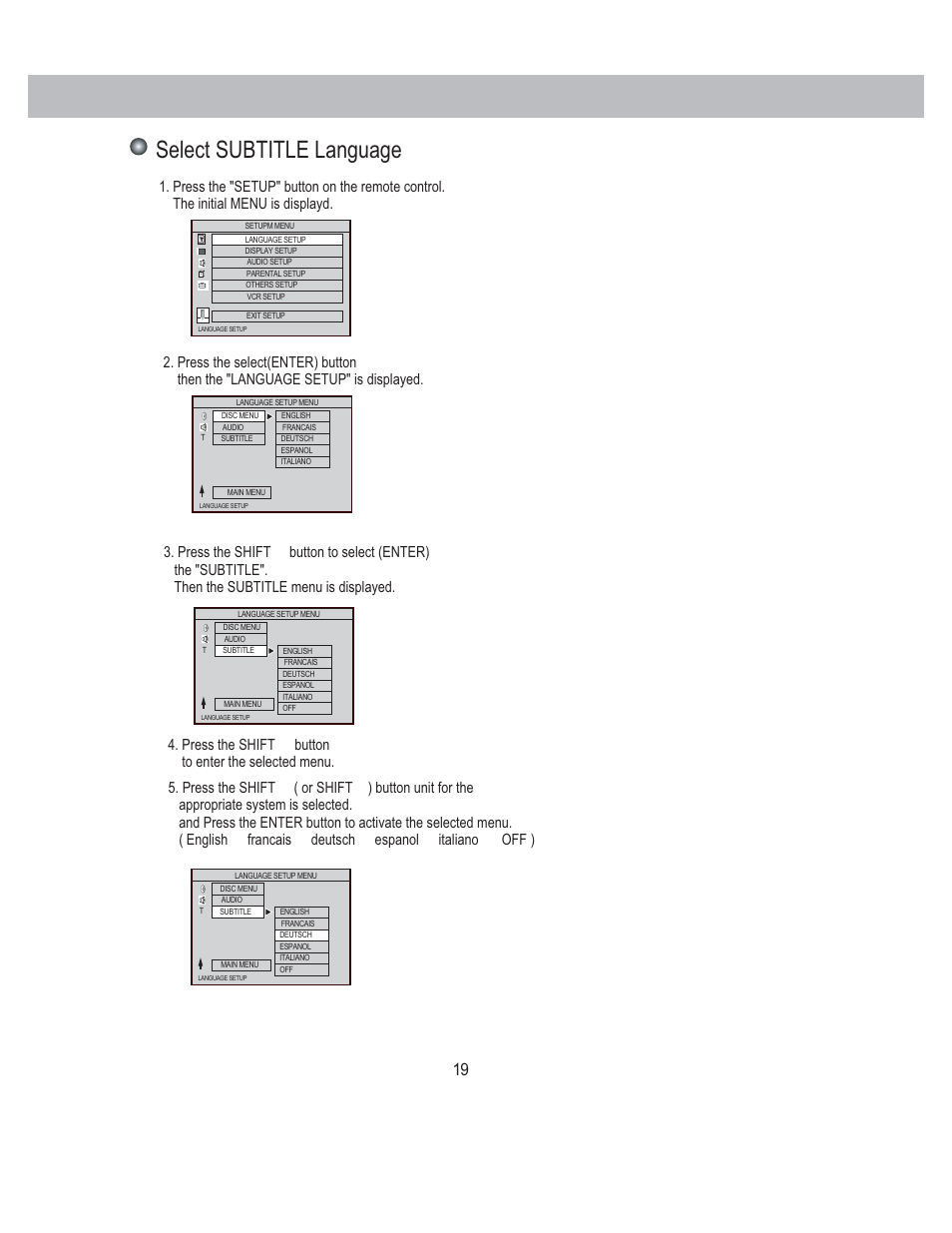 Select subtitle language, Press the shift button to enter the selected menu | PYLE Audio PLDVCR500 User Manual | Page 20 / 45