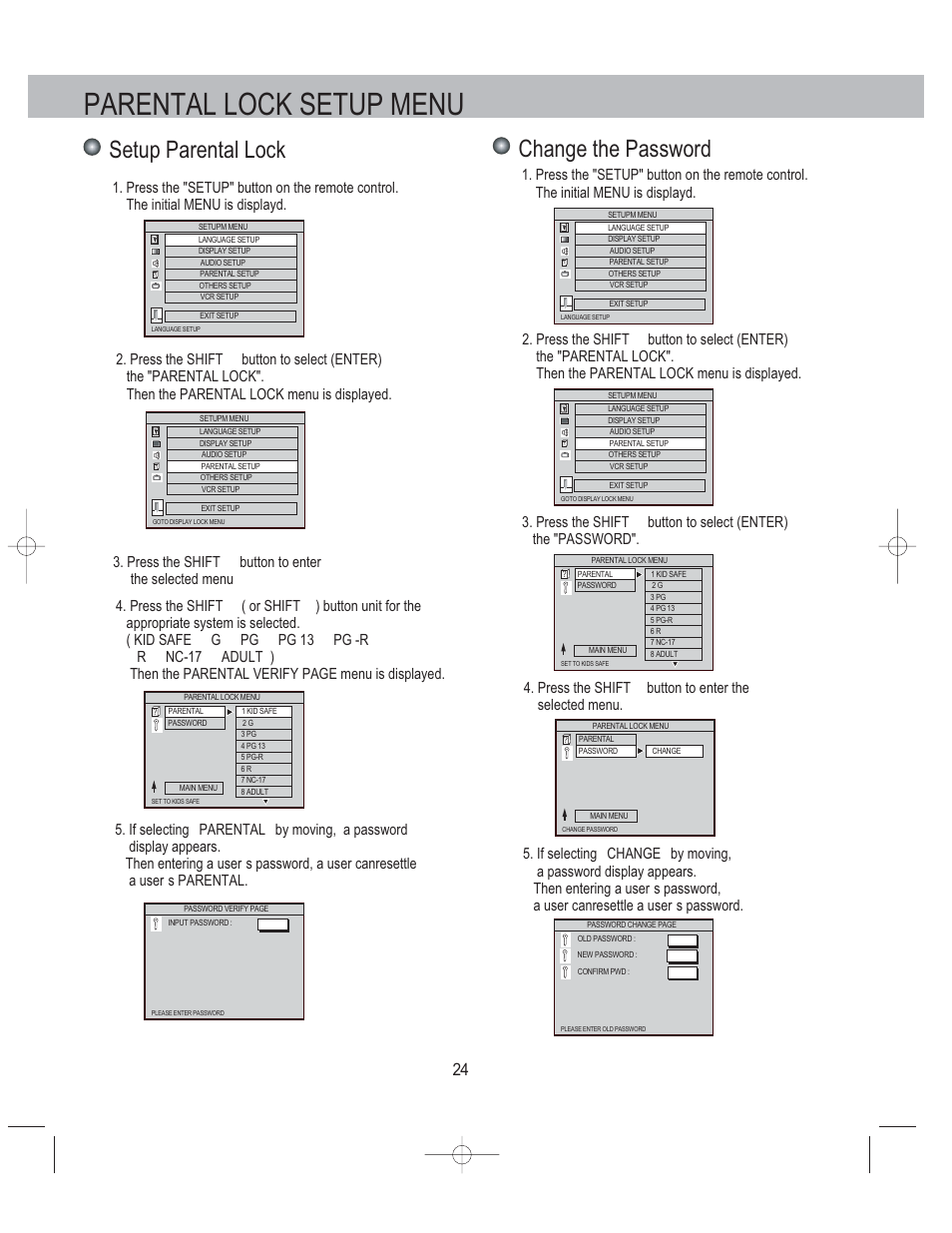 Parental lock setup menu, Setup parental lock, Change the password | Press the shift button to enter the selected menu | PYLE Audio PLDVCR500 User Manual | Page 25 / 45