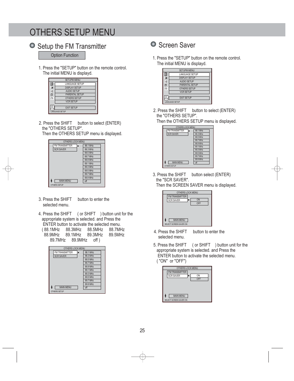 Others setup menu, Setup the fm transmitter, Screen saver | Press the shift button to enter the selected menu, Option function | PYLE Audio PLDVCR500 User Manual | Page 26 / 45