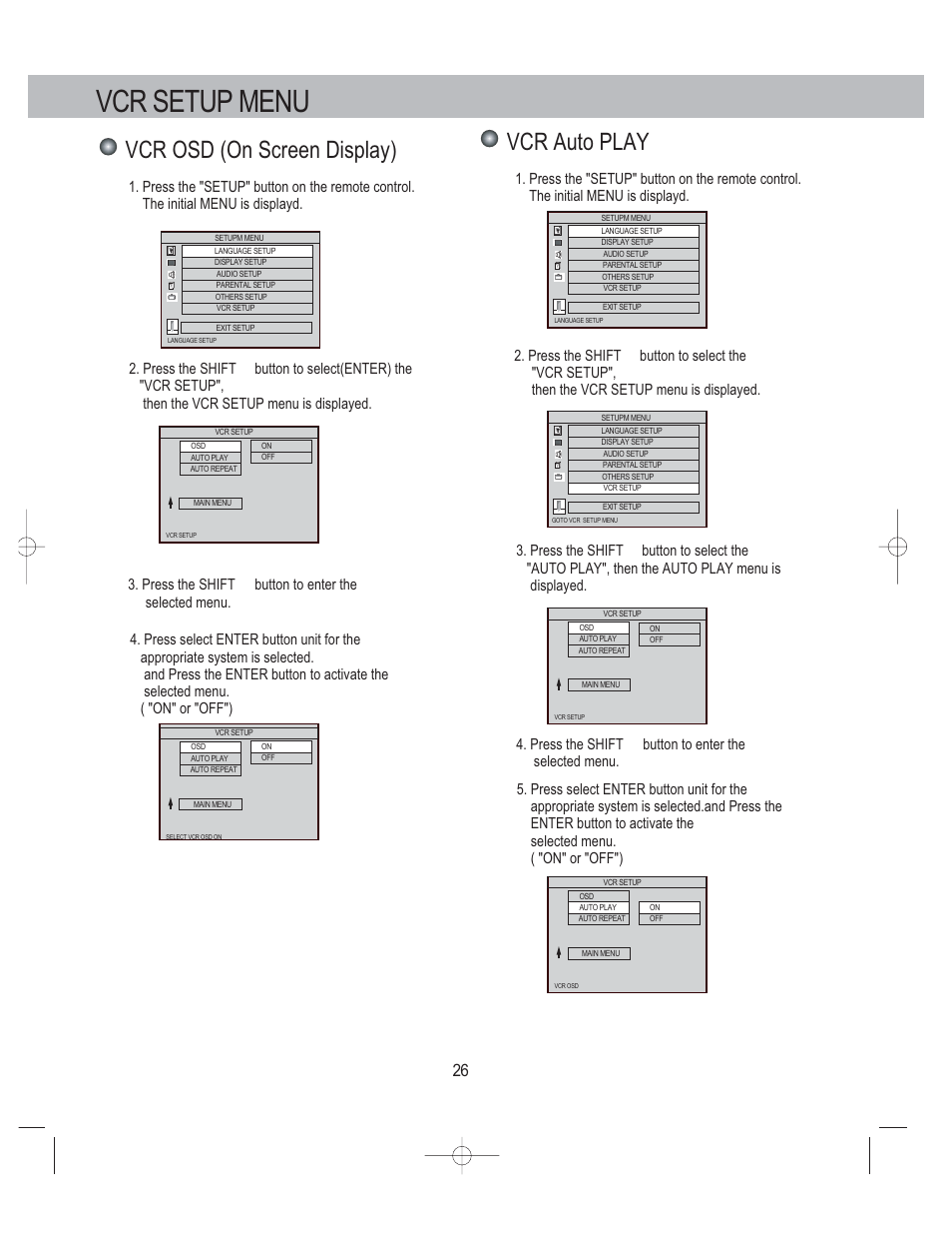 Vcr setup menu, Vcr osd (on screen display), Vcr auto play | Press the shift button to enter the selected menu | PYLE Audio PLDVCR500 User Manual | Page 27 / 45