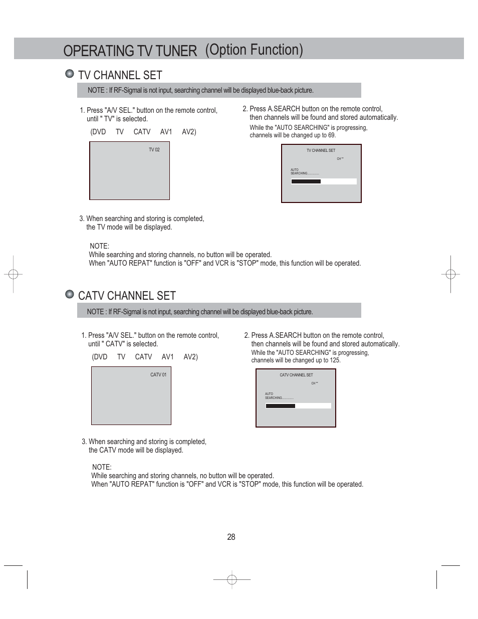 Operating tv tuner, Option function), Tv channel set | Catv channel set | PYLE Audio PLDVCR500 User Manual | Page 29 / 45