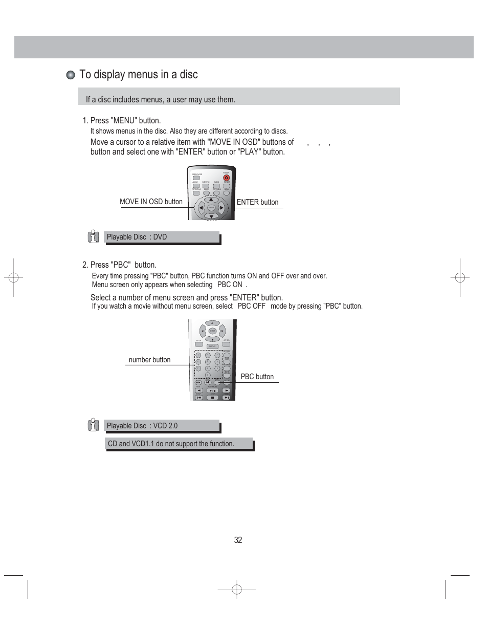 Press "pbc" button, Enter button playable disc : dvd, Move in osd button | PYLE Audio PLDVCR500 User Manual | Page 33 / 45