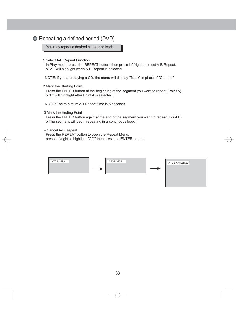 Repeating a defined period (dvd) | PYLE Audio PLDVCR500 User Manual | Page 34 / 45