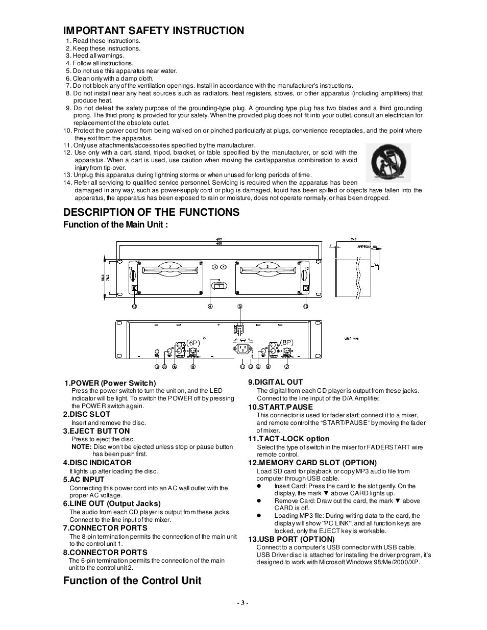 Important safety instruction, Description of the functions, Function of the control unit | Function of the main unit | PYLE Audio PDCD6000MP User Manual | Page 4 / 18