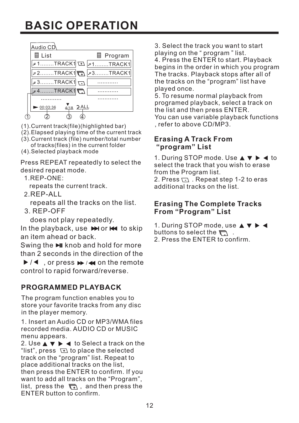 Basic operation, Programmed playback, Erasing a track from “program” list | Erasing the complete tracks from “program” list | PYLE Audio PLD184V User Manual | Page 13 / 21
