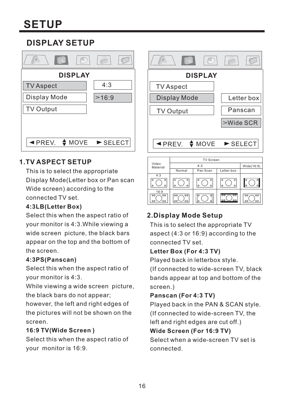 Setup, Display setup | PYLE Audio PLD184V User Manual | Page 17 / 21