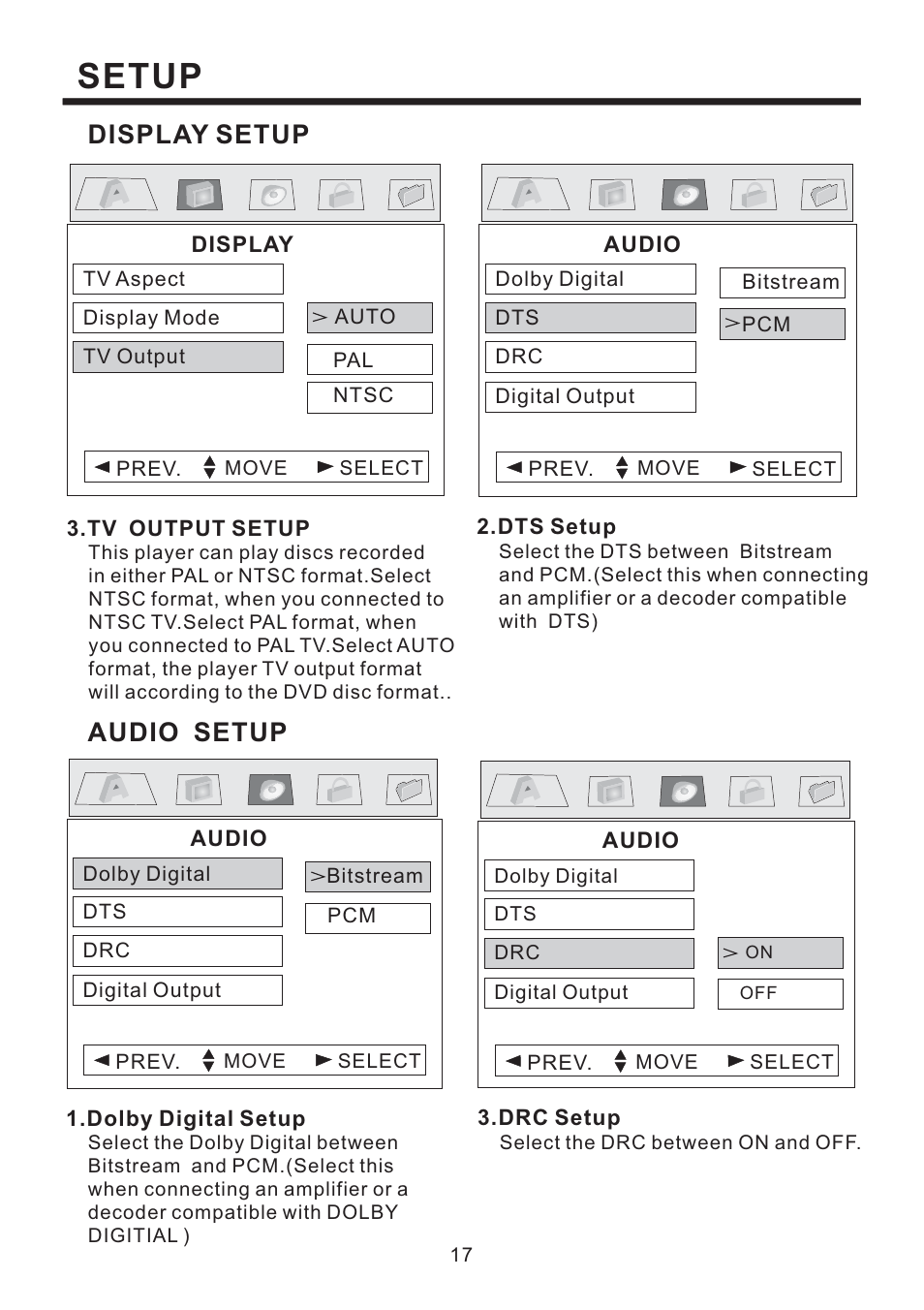 Setup, Display setup audio setup | PYLE Audio PLD184V User Manual | Page 18 / 21