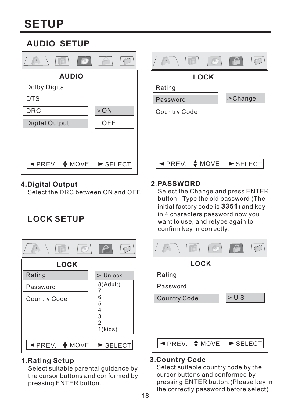 Setup, Audio setup, Lock setup | PYLE Audio PLD184V User Manual | Page 19 / 21