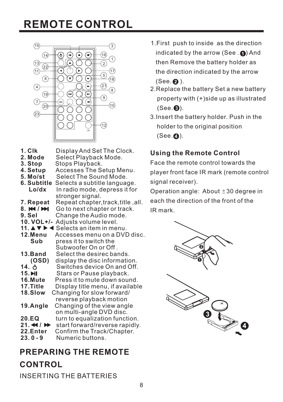 Remote control, Preparing the remote control, Inserting the batteries using the remote control | PYLE Audio PLD184V User Manual | Page 9 / 21