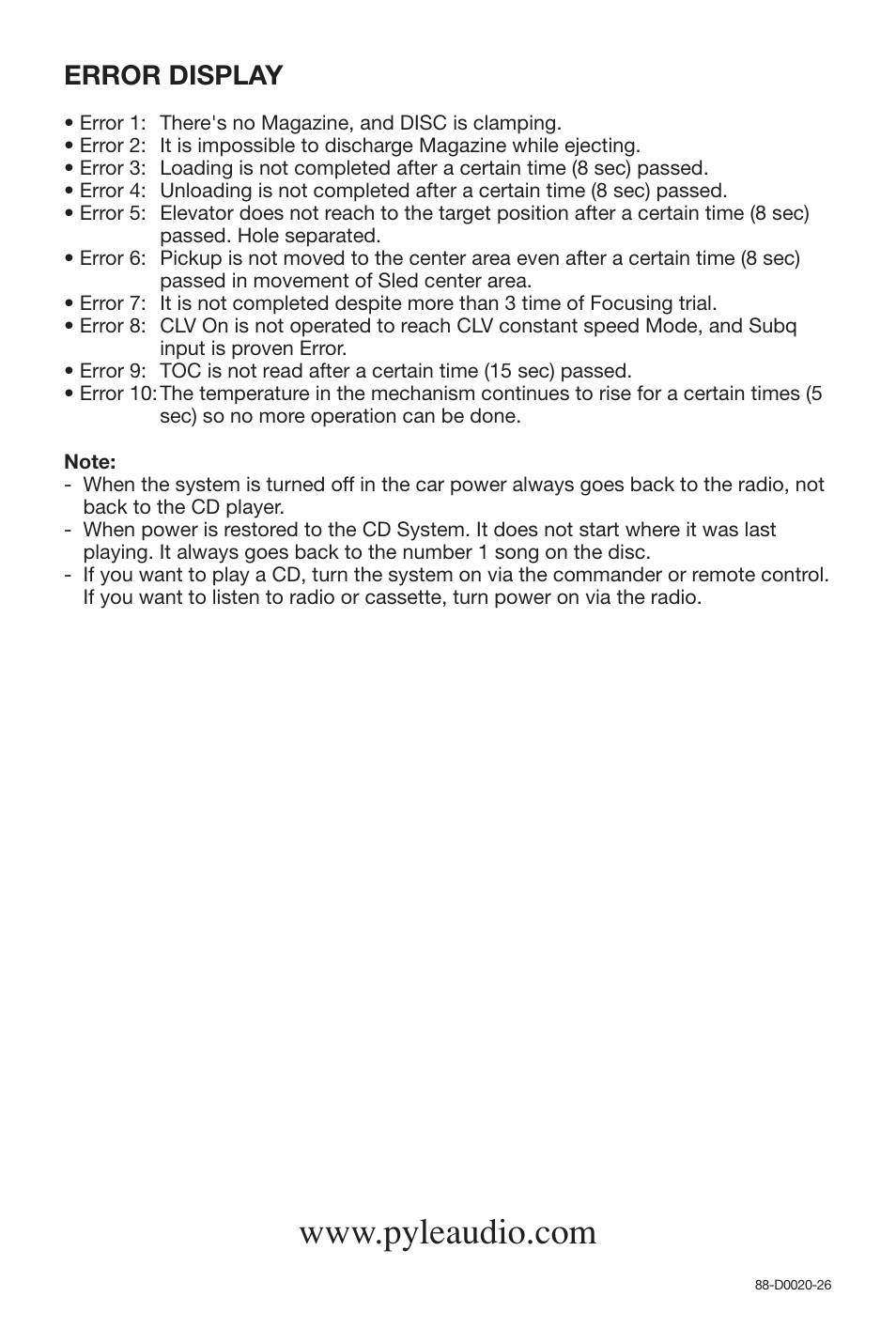 Error display | PYLE Audio DISC CD CHANGE User Manual | Page 12 / 12