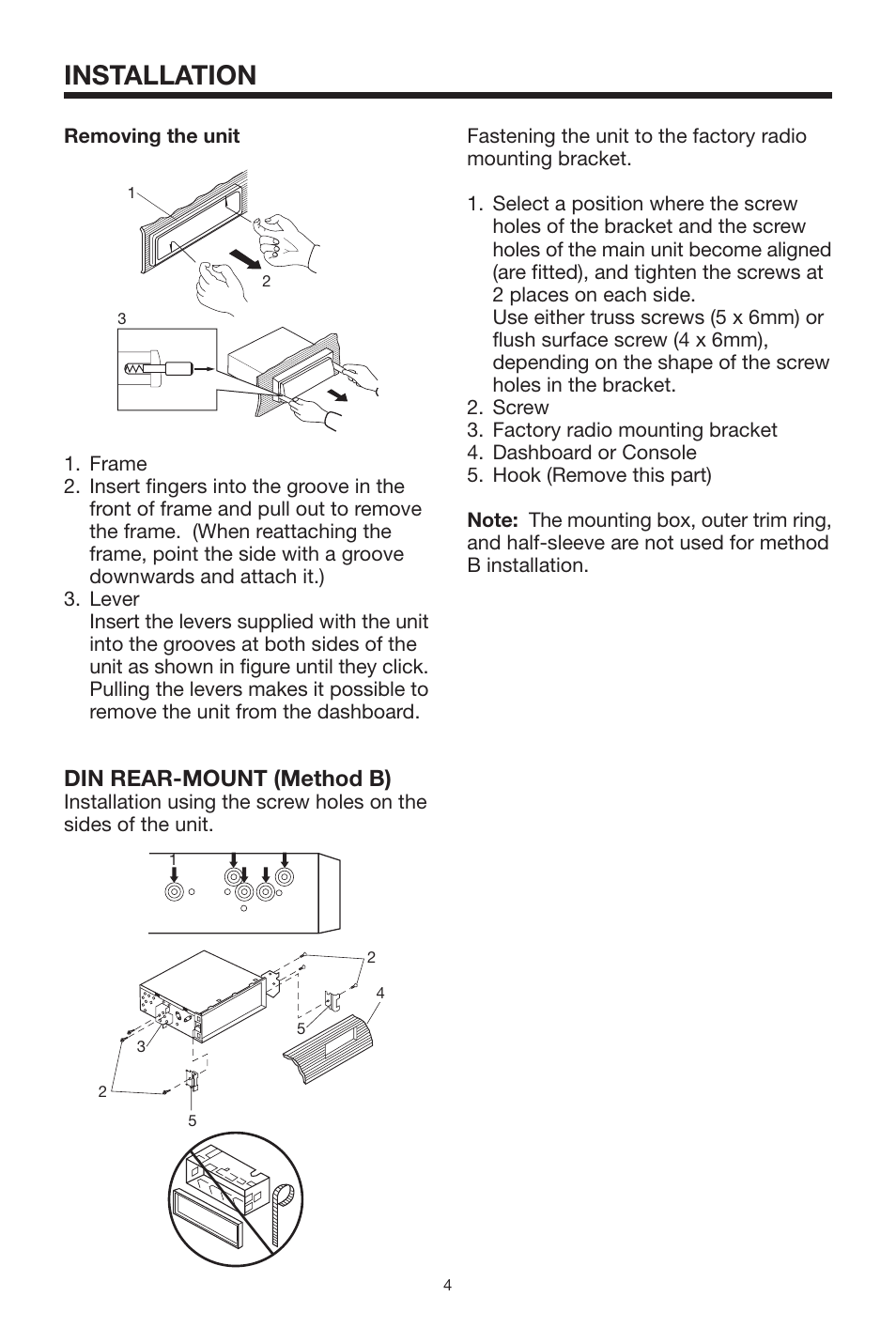 Installation, Din rear-mount (method b) | PYLE Audio PLCD29 User Manual | Page 4 / 12