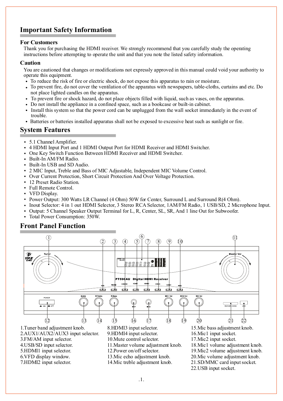 Important safety information, System features, Front panel function | PYLE Audio PT590AU User Manual | Page 3 / 8