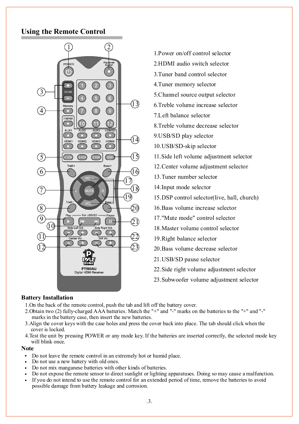 Using the remote control | PYLE Audio PT590AU User Manual | Page 5 / 8