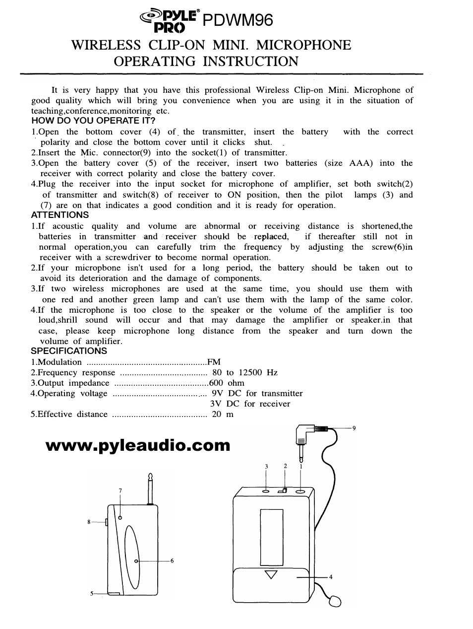 PYLE Audio PDWM96 User Manual | 1 page