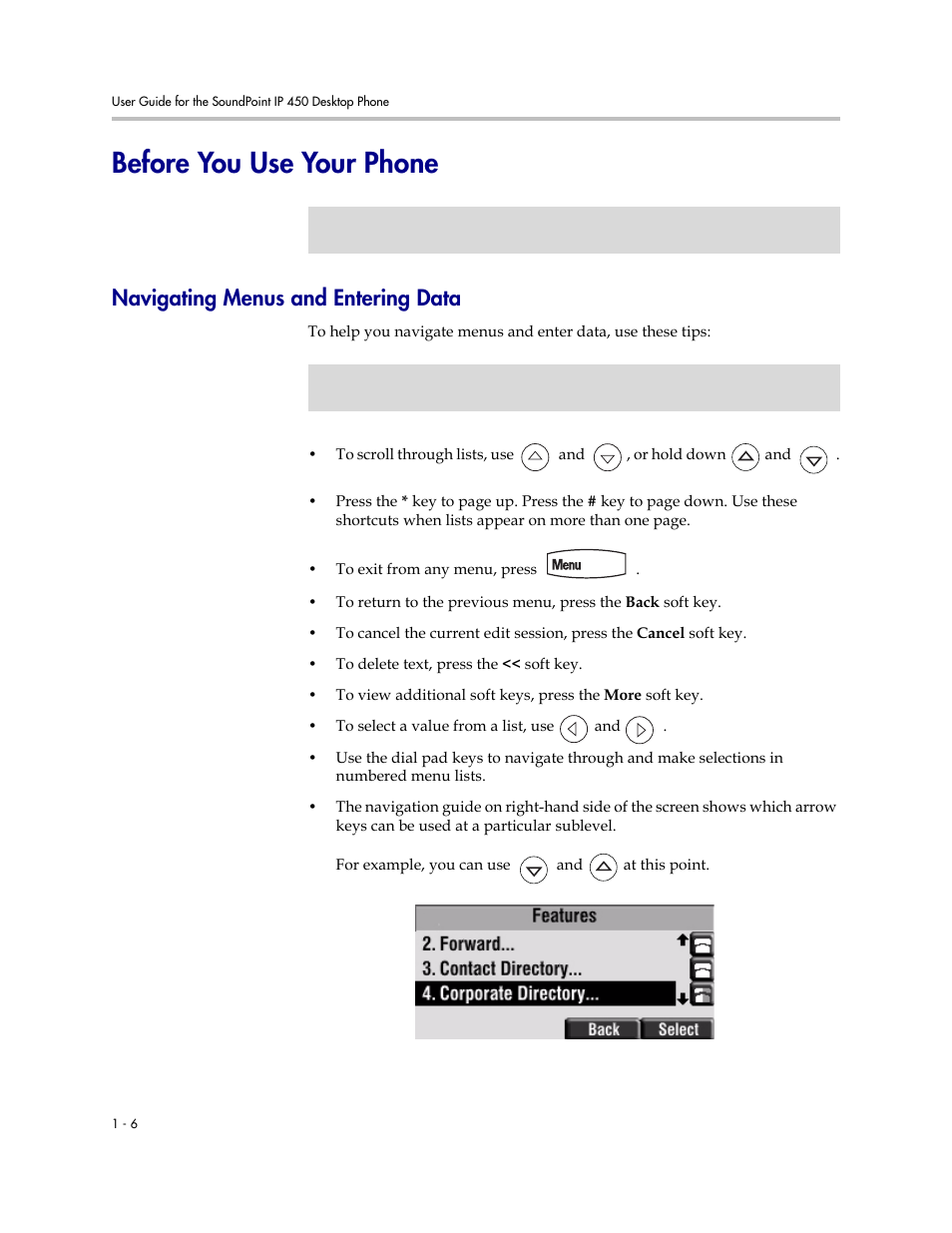 Before you use your phone, Navigating menus and entering data, Before you use your phone –6 | Navigating menus and entering data –6 | PYLE Audio SOUNDPOINT IP 450 User Manual | Page 14 / 92
