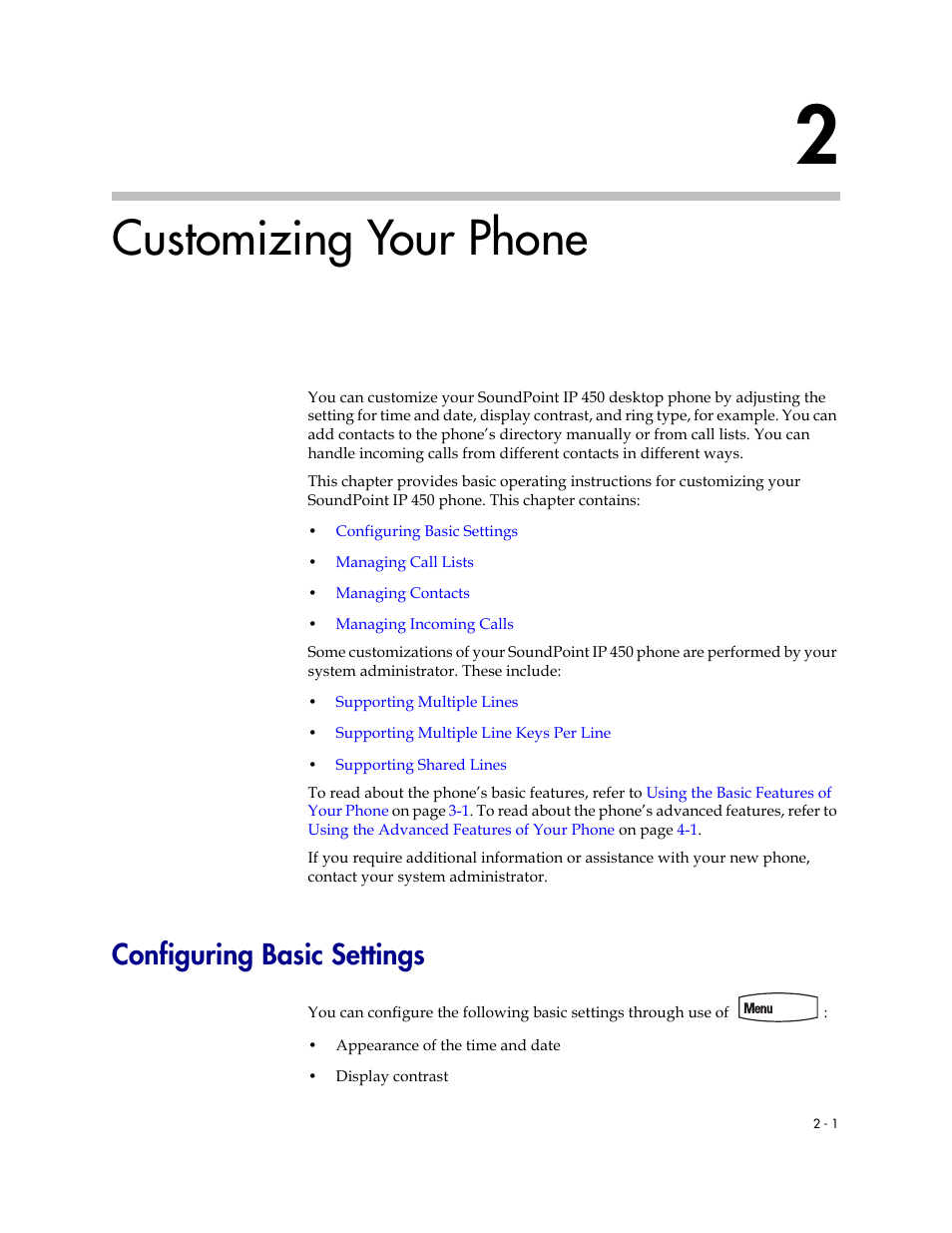 Customizing your phone, Configuring basic settings, 2 customizing your phone –1 | Configuring basic settings –1 | PYLE Audio SOUNDPOINT IP 450 User Manual | Page 17 / 92