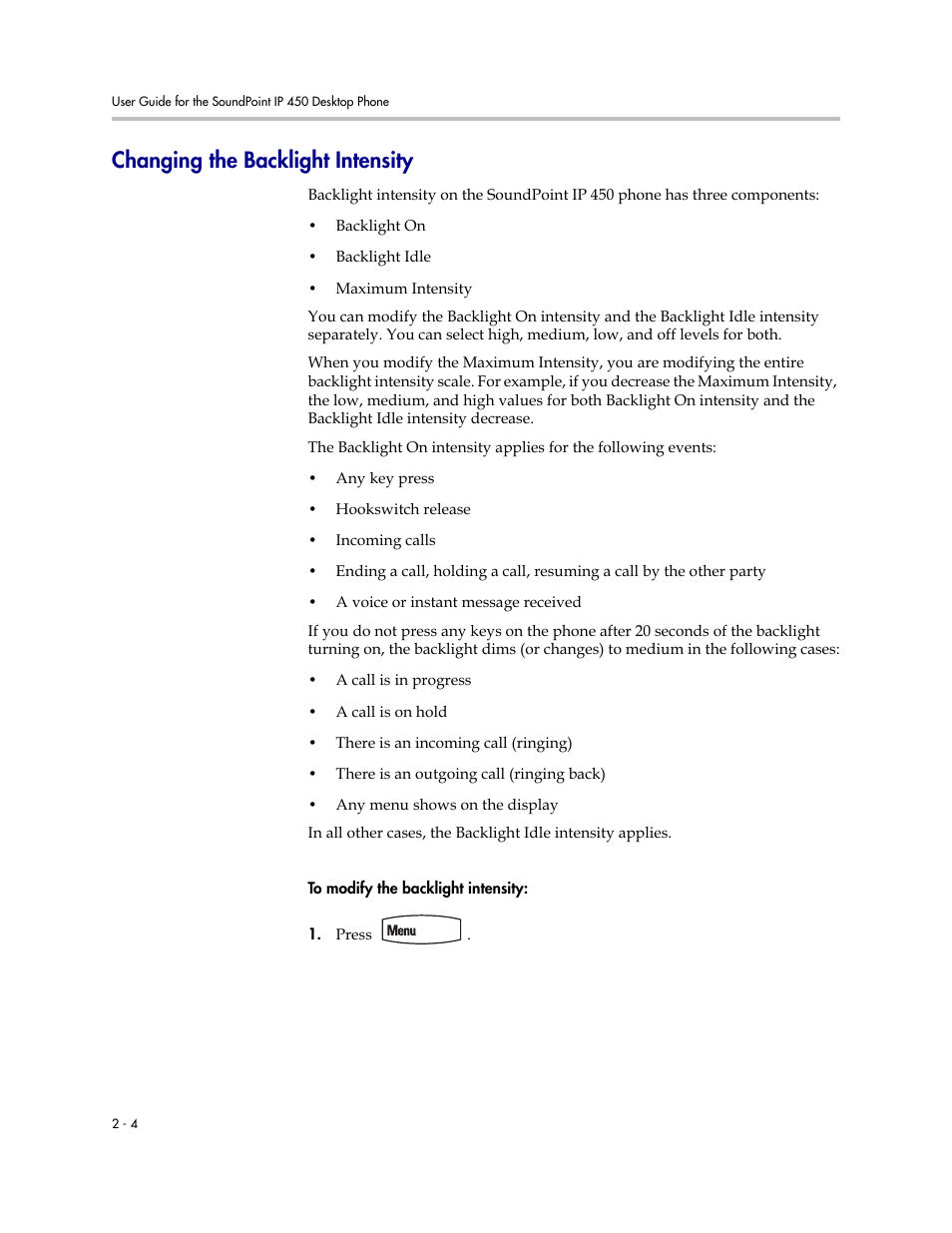 Changing the backlight intensity, Changing the backlight intensity –4 | PYLE Audio SOUNDPOINT IP 450 User Manual | Page 20 / 92