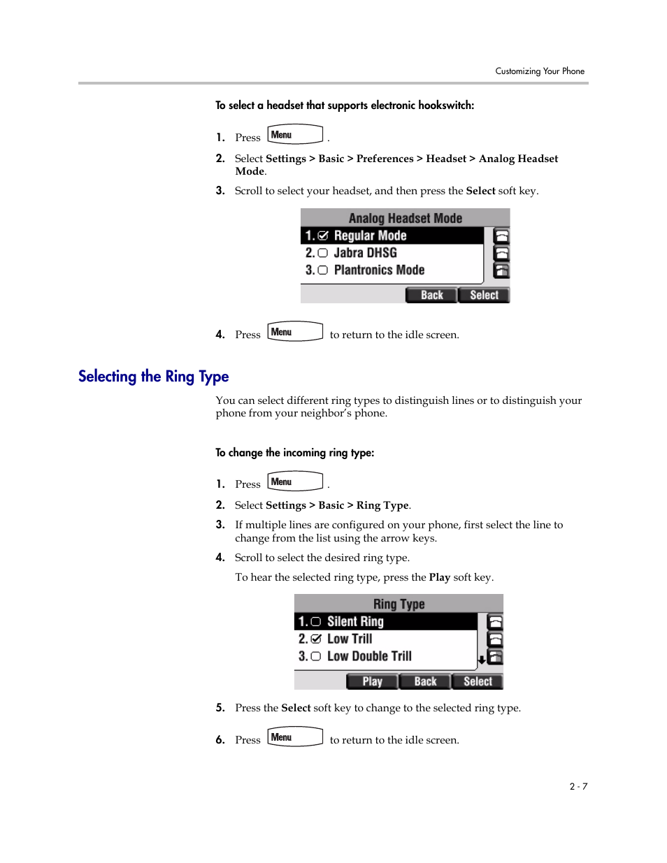 Selecting the ring type, Selecting the ring type –7 | PYLE Audio SOUNDPOINT IP 450 User Manual | Page 23 / 92