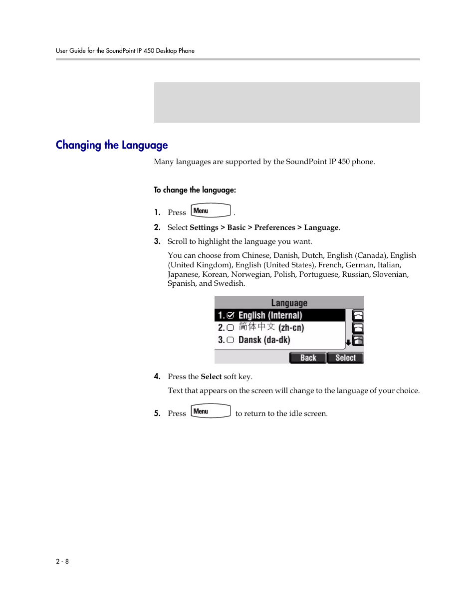 Changing the language, Changing the language –8 | PYLE Audio SOUNDPOINT IP 450 User Manual | Page 24 / 92