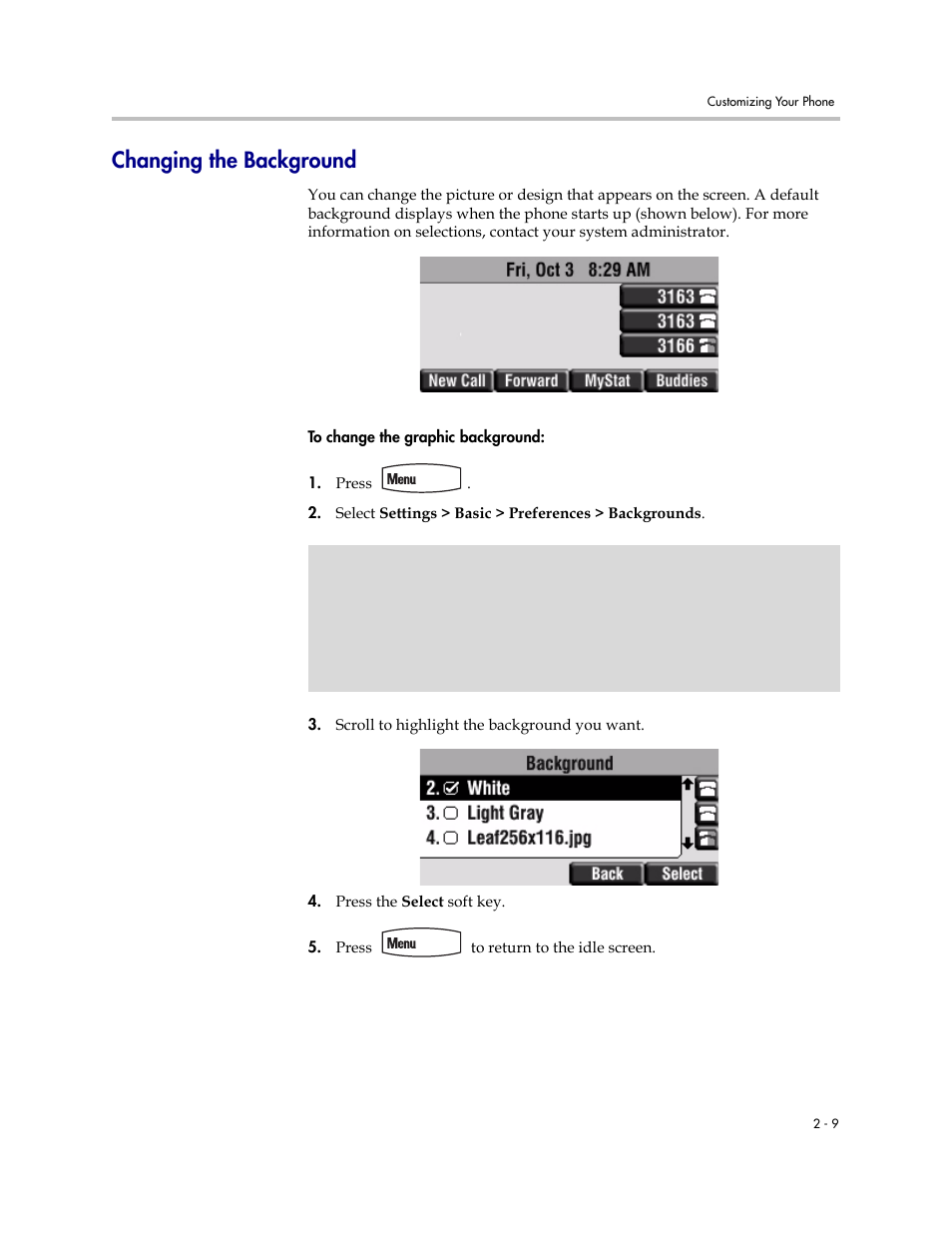 Changing the background, Changing the background –9 | PYLE Audio SOUNDPOINT IP 450 User Manual | Page 25 / 92