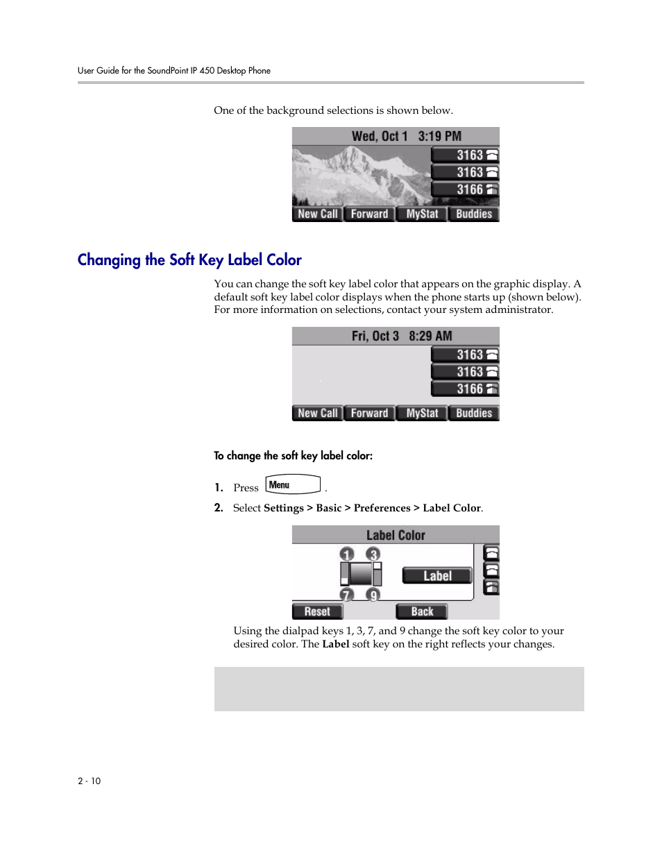 Changing the soft key label color, Changing the soft key label color –10 | PYLE Audio SOUNDPOINT IP 450 User Manual | Page 26 / 92