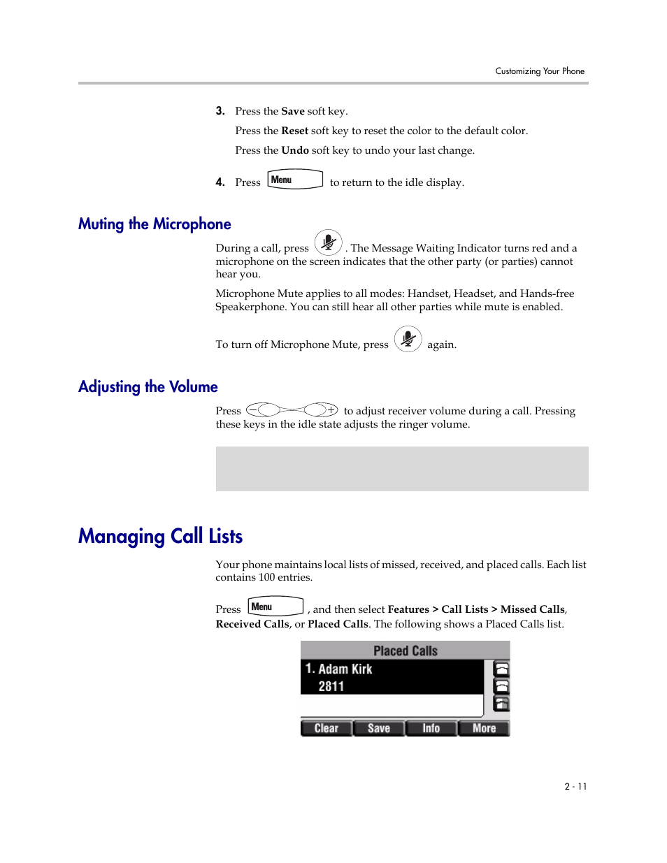 Muting the microphone, Adjusting the volume, Managing call lists | Muting the microphone –11 adjusting the volume –11, Managing call lists –11 | PYLE Audio SOUNDPOINT IP 450 User Manual | Page 27 / 92