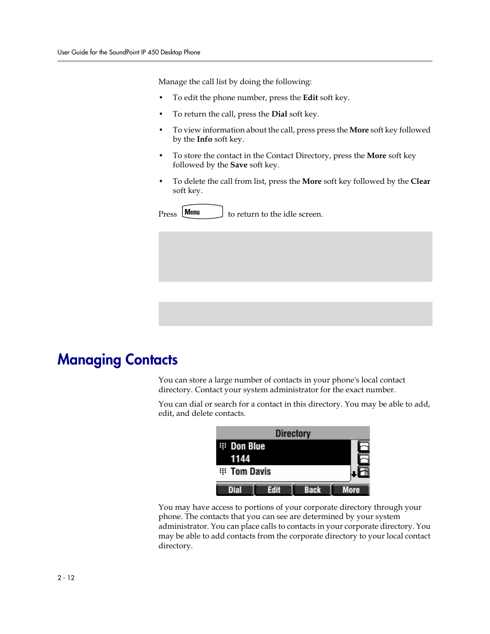 Managing contacts, Managing contacts –12 | PYLE Audio SOUNDPOINT IP 450 User Manual | Page 28 / 92