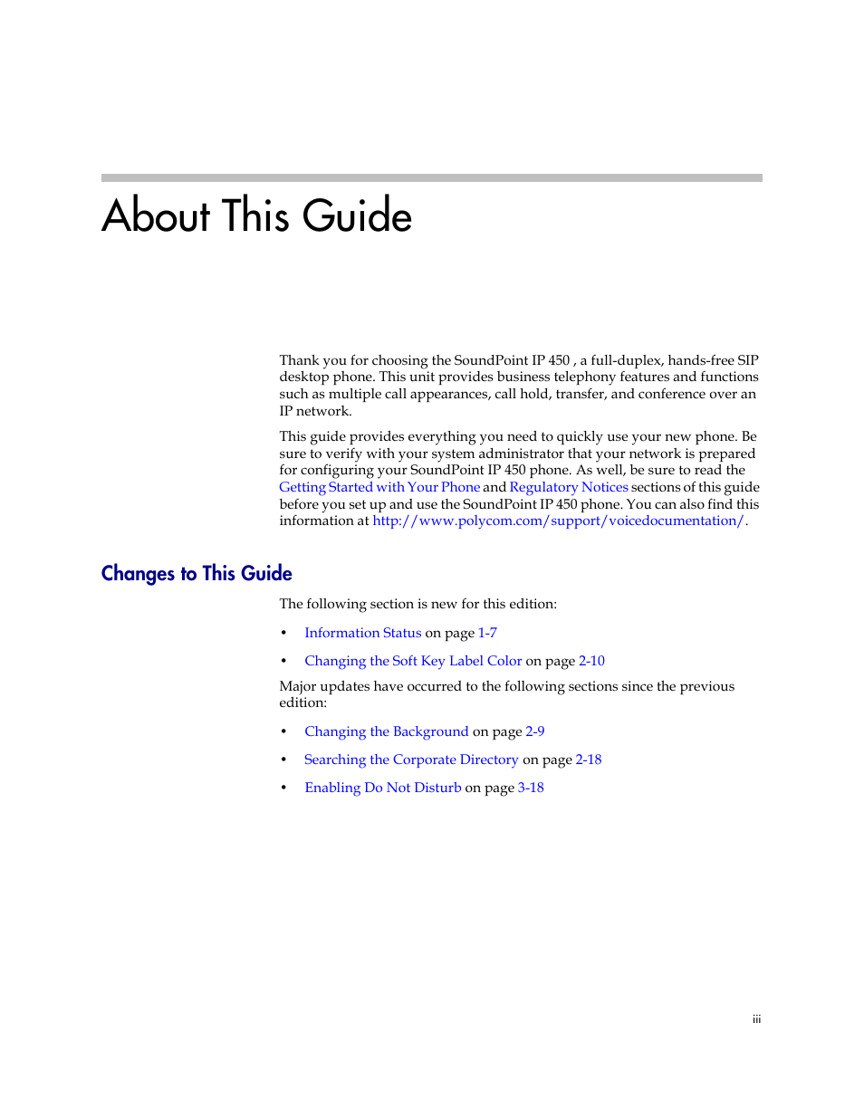Changes to this guide, About this guide | PYLE Audio SOUNDPOINT IP 450 User Manual | Page 3 / 92