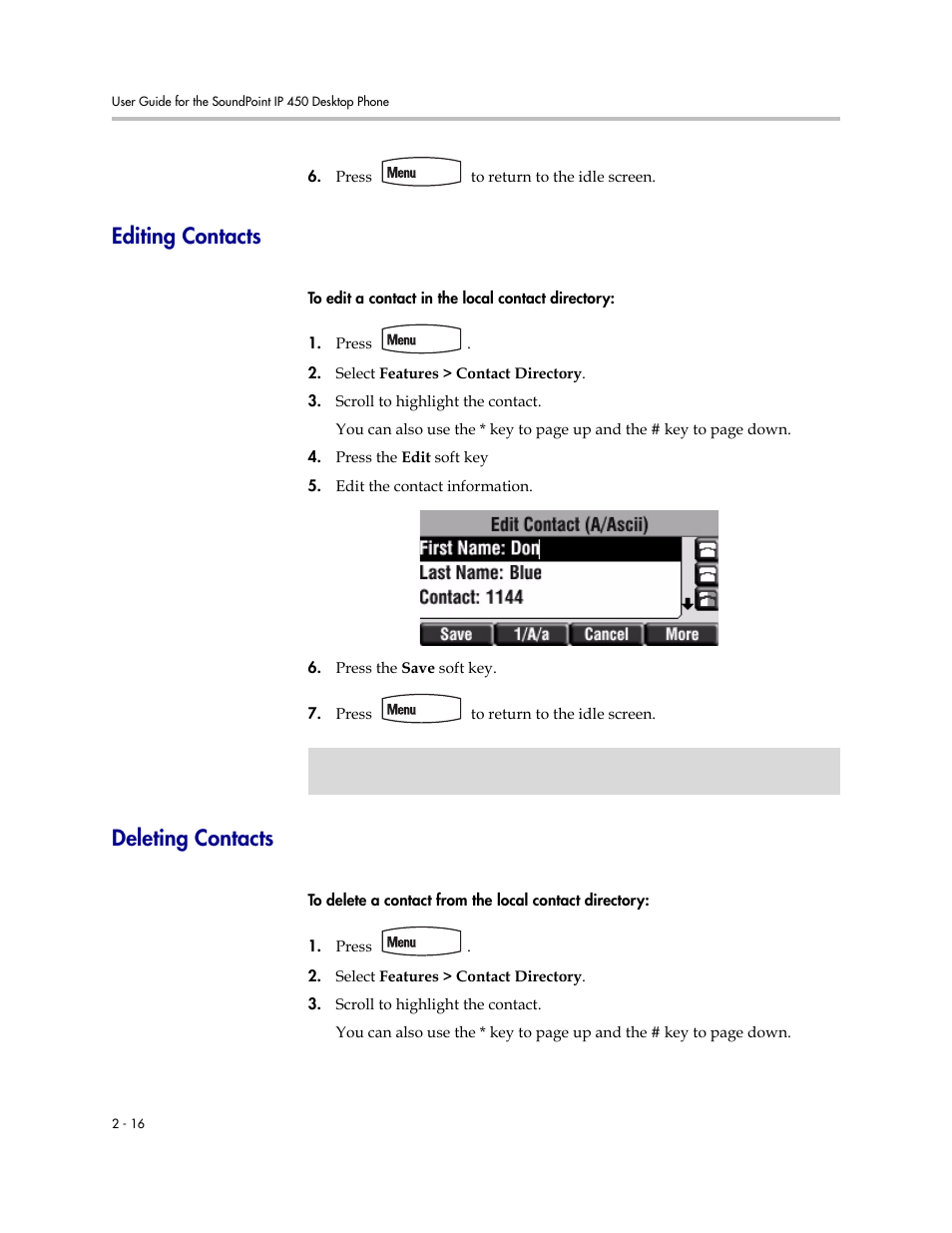 Editing contacts, Deleting contacts, Editing contacts –16 deleting contacts –16 | PYLE Audio SOUNDPOINT IP 450 User Manual | Page 32 / 92