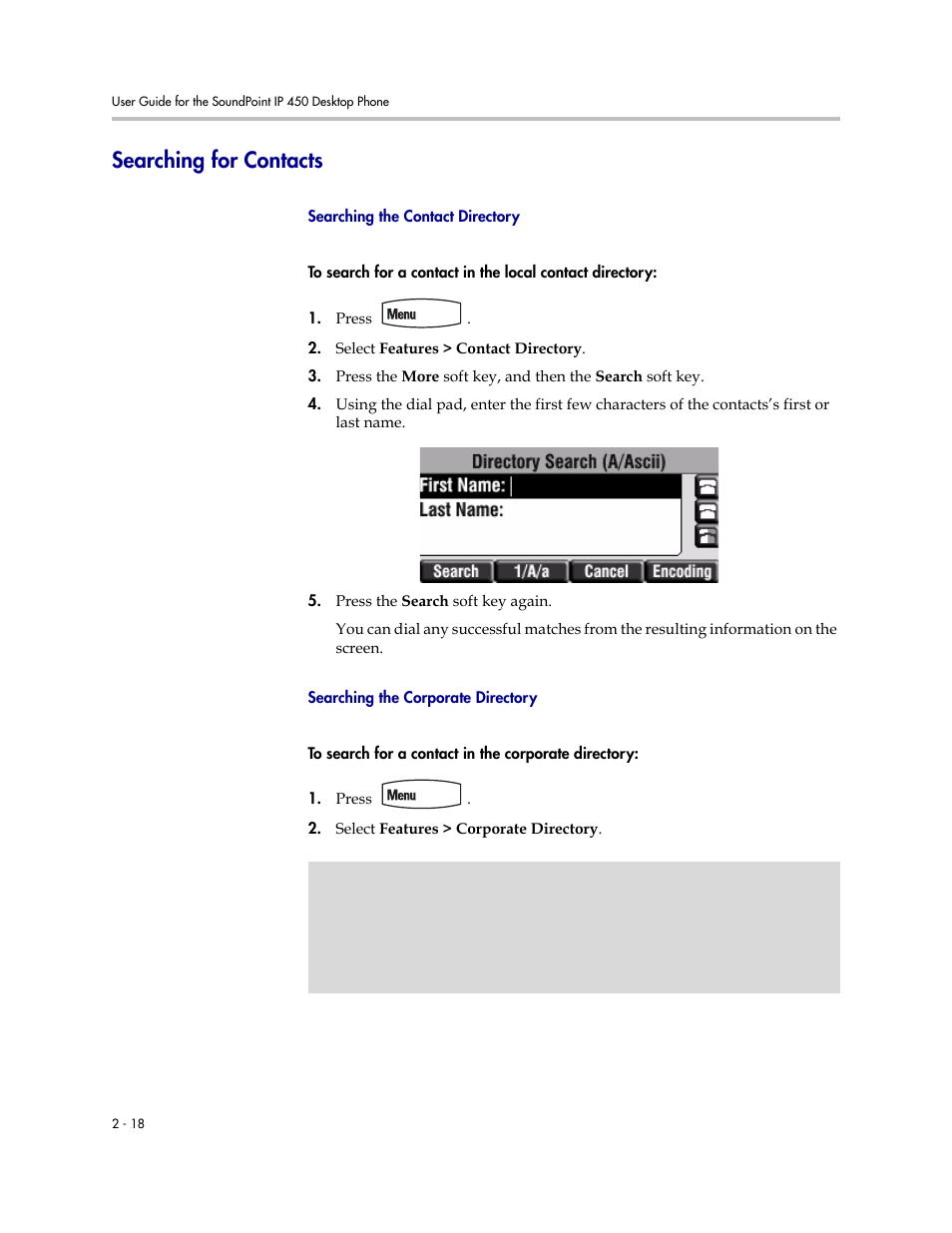 Searching for contacts, Searching the corporate directory, Searching for contacts –18 | PYLE Audio SOUNDPOINT IP 450 User Manual | Page 34 / 92