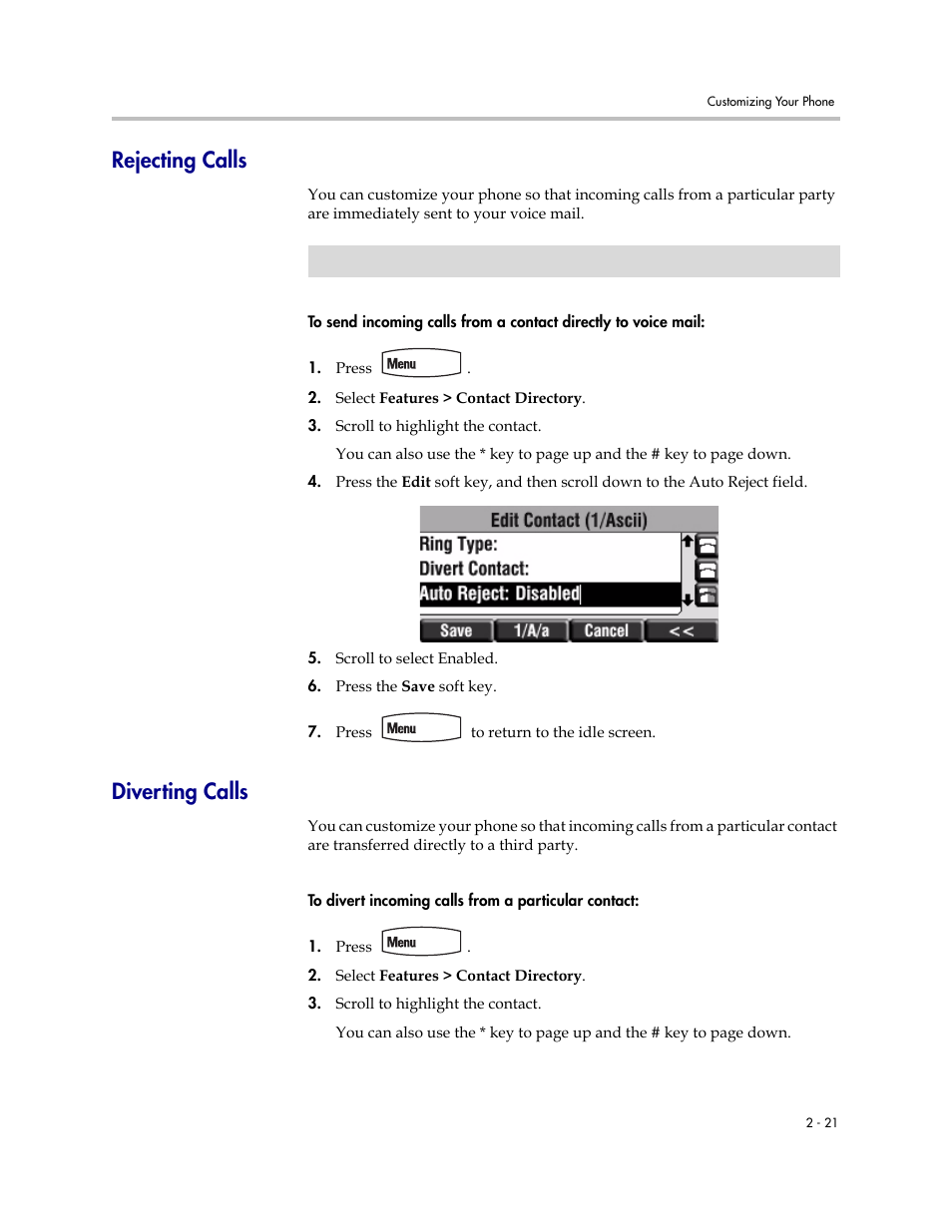 Rejecting calls, Diverting calls, Rejecting calls –21 diverting calls –21 | PYLE Audio SOUNDPOINT IP 450 User Manual | Page 37 / 92