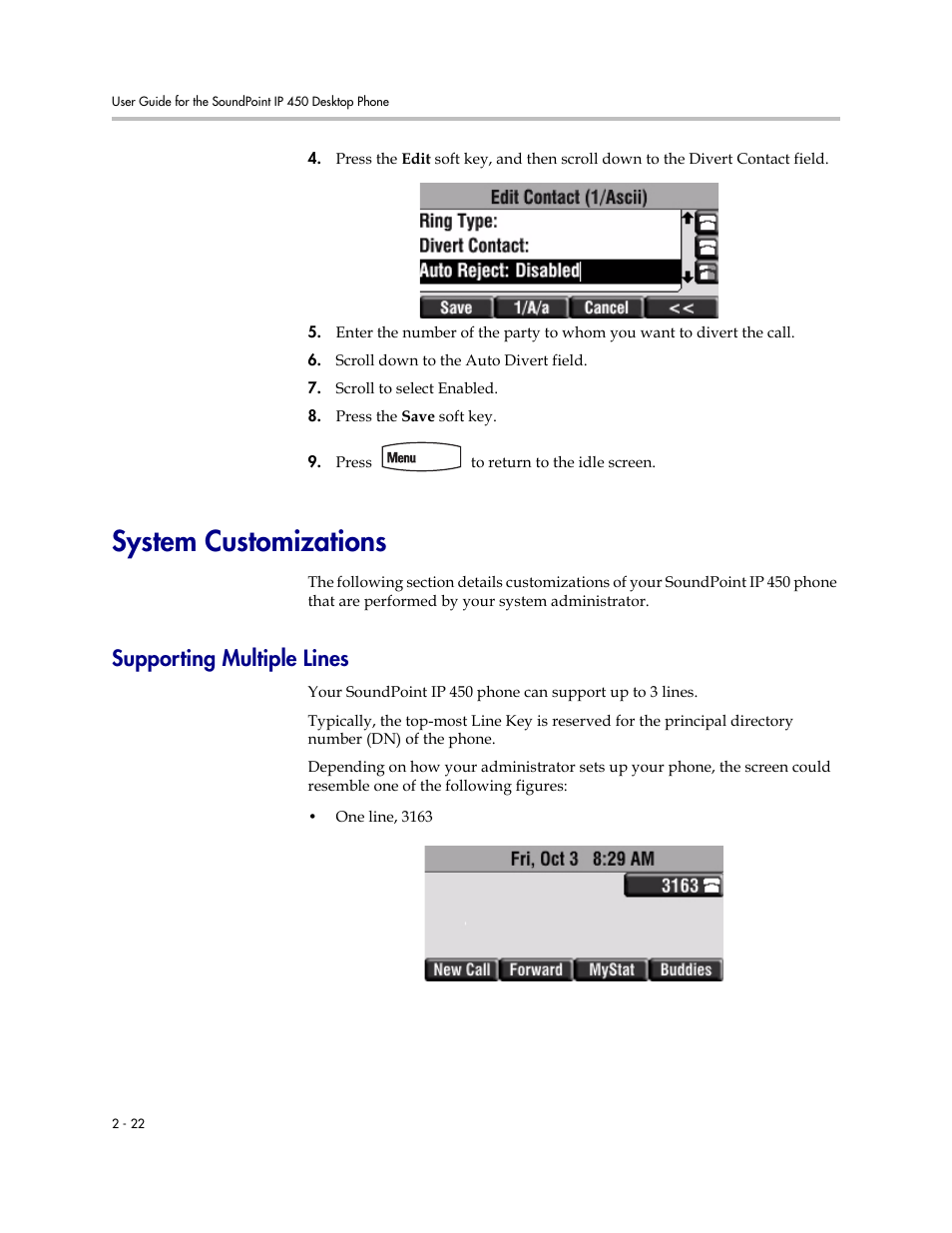 System customizations, Supporting multiple lines, System customizations –22 | Supporting multiple lines –22 | PYLE Audio SOUNDPOINT IP 450 User Manual | Page 38 / 92