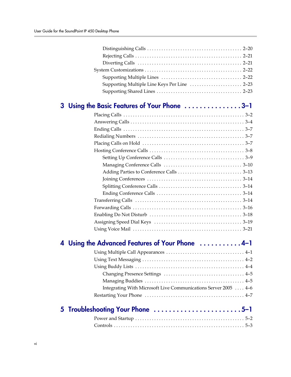 3 using the basic features of your phone –1, 4 using the advanced features of your phone –1, 5 troubleshooting your phone –1 | PYLE Audio SOUNDPOINT IP 450 User Manual | Page 6 / 92