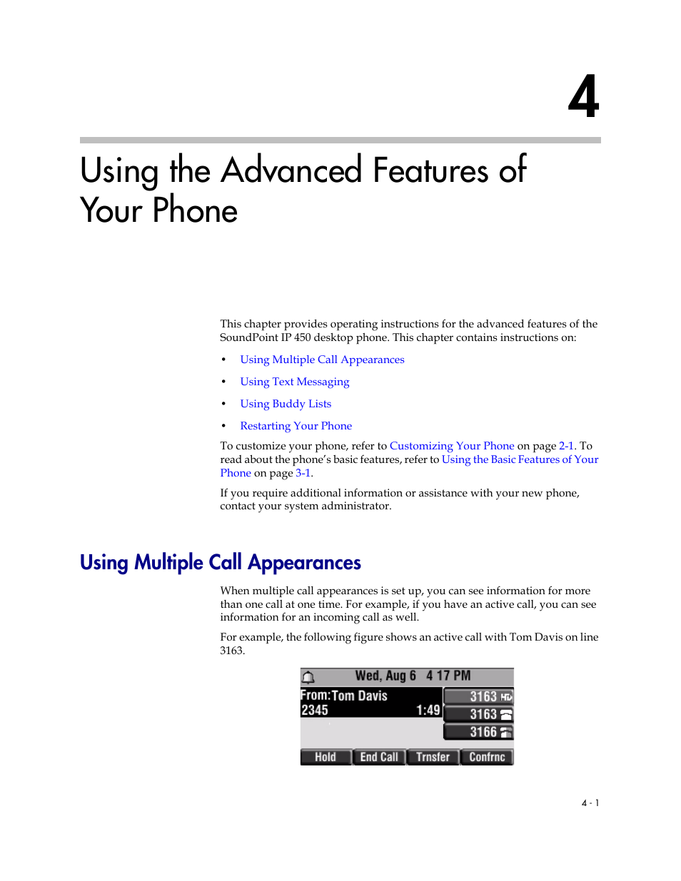 Using the advanced features of your phone, Using multiple call appearances, 4 using the advanced features of your phone –1 | Using multiple call appearances –1, Using the, Advanced features of your phone, R to, Using the advanced, Features of your phone, Using | PYLE Audio SOUNDPOINT IP 450 User Manual | Page 63 / 92