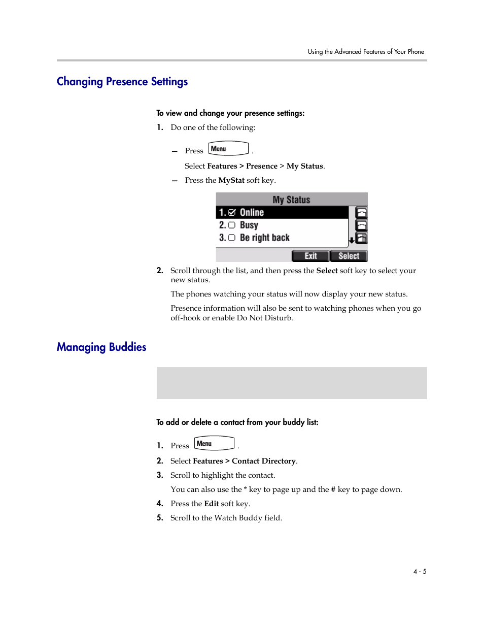 Changing presence settings, Managing buddies, Changing presence settings –5 managing buddies –5 | PYLE Audio SOUNDPOINT IP 450 User Manual | Page 67 / 92