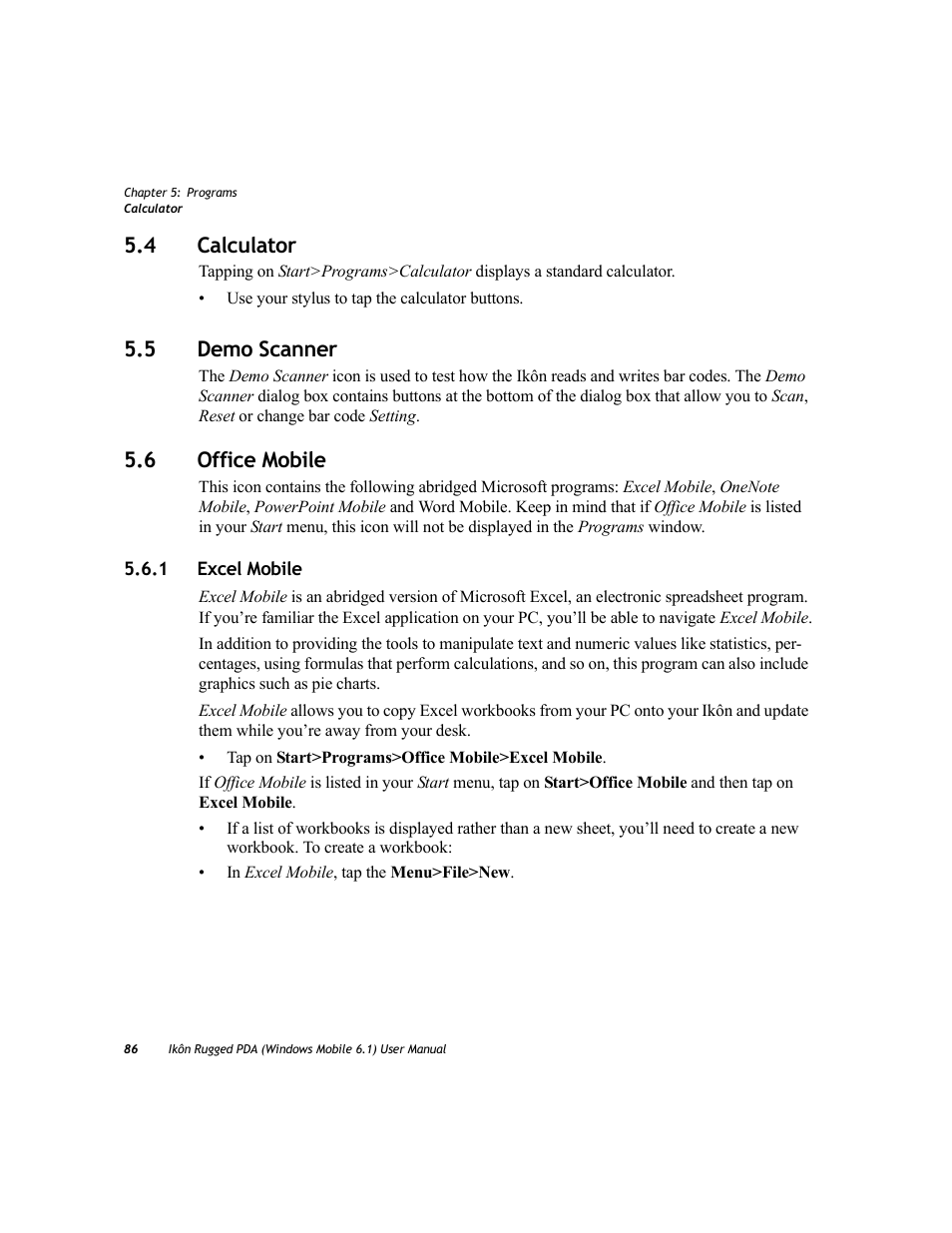 4 calculator, 5 demo scanner, 6 office mobile | 1 excel mobile, Calculator, Demo scanner, Office mobile 5.6.1, Excel mobile, 4 calculator 5.5 demo scanner 5.6 office mobile | PYLE Audio IKON RUGGED 7505-BT User Manual | Page 100 / 406