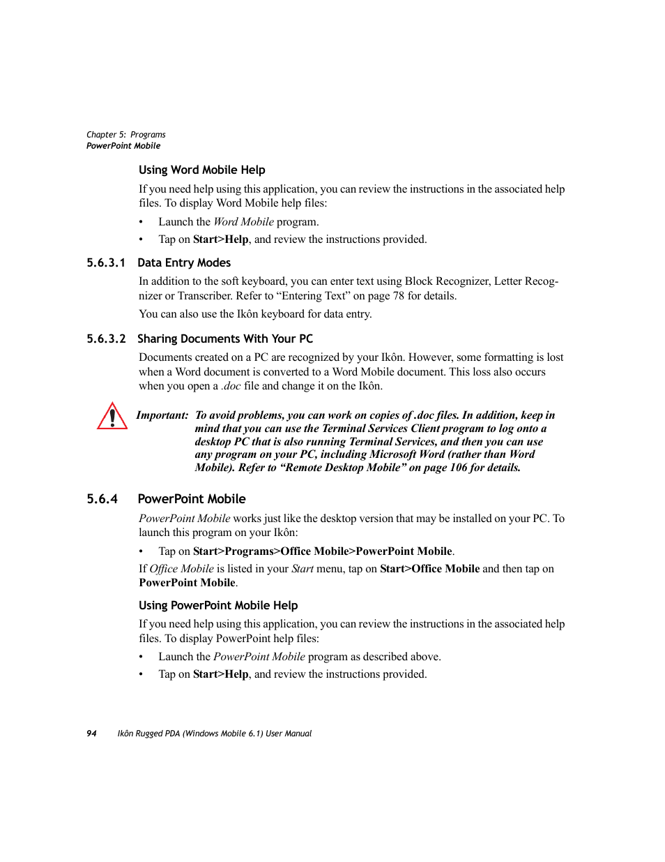 1 data entry modes, 2 sharing documents with your pc, 4 powerpoint mobile | Powerpoint mobile | PYLE Audio IKON RUGGED 7505-BT User Manual | Page 108 / 406