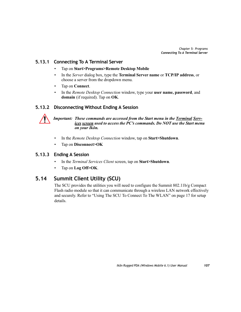 1 connecting to a terminal server, 2 disconnecting without ending a session, 3 ending a session | 14 summit client utility (scu) | PYLE Audio IKON RUGGED 7505-BT User Manual | Page 121 / 406