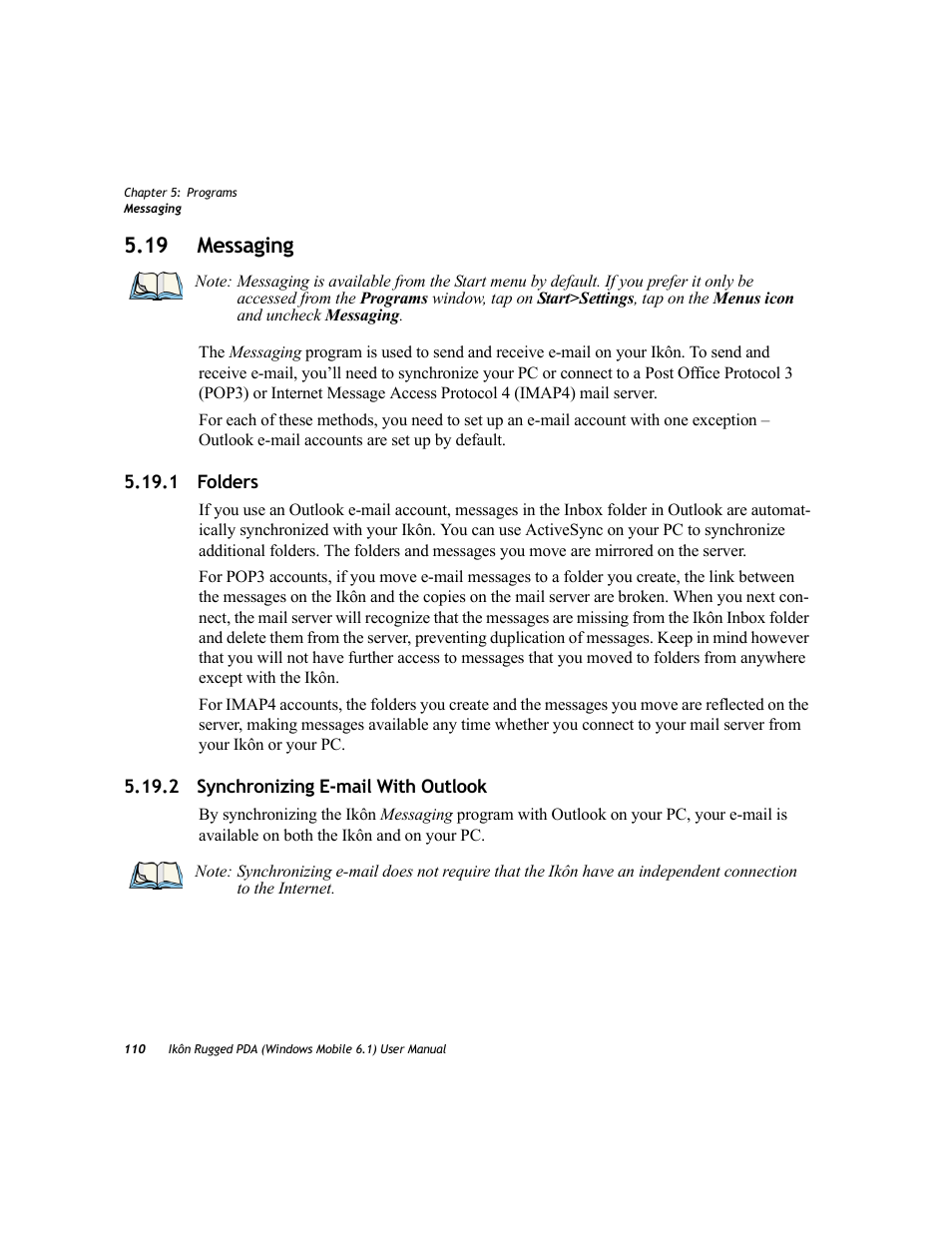 19 messaging, 1 folders, 2 synchronizing e-mail with outlook | 1 folders 5.19.2 synchronizing e-mail with outlook | PYLE Audio IKON RUGGED 7505-BT User Manual | Page 124 / 406