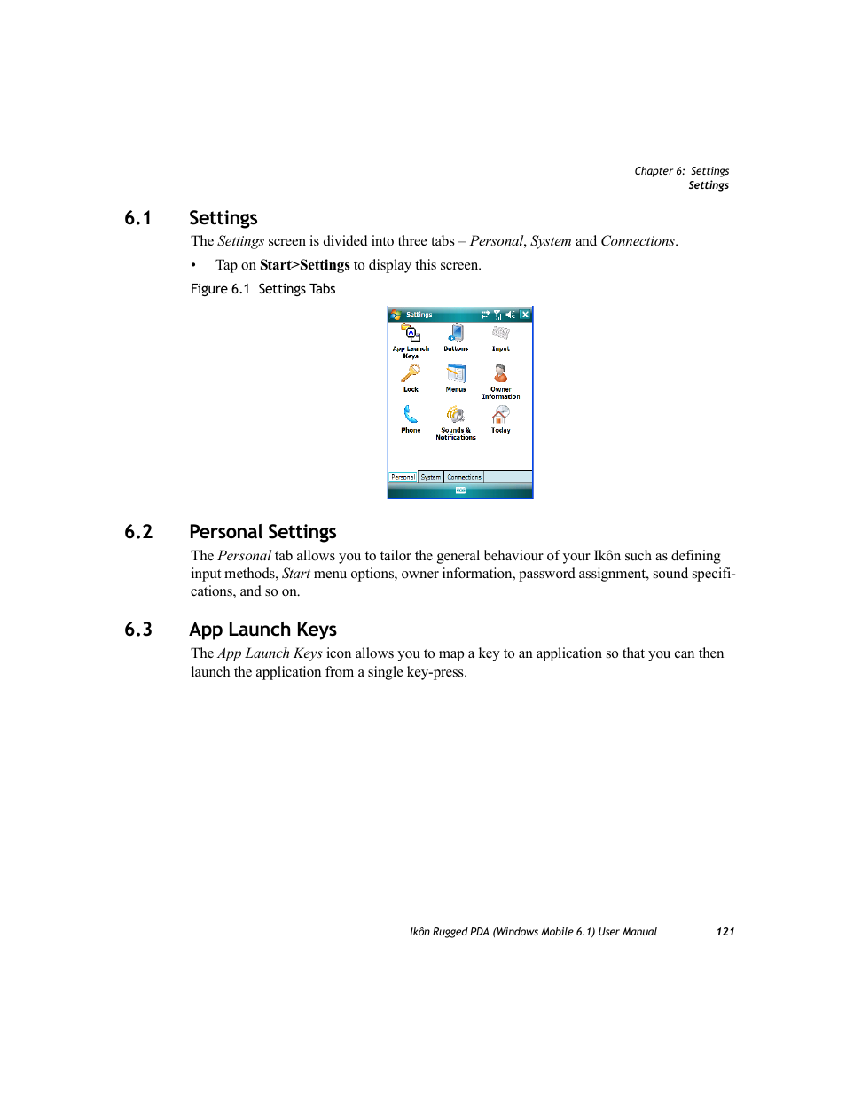 1 settings, 2 personal settings, 3 app launch keys | Settings, Personal settings, App launch keys | PYLE Audio IKON RUGGED 7505-BT User Manual | Page 135 / 406