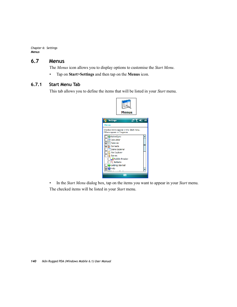 7 menus, 1 start menu tab, Menus 6.7.1 | Start menu tab | PYLE Audio IKON RUGGED 7505-BT User Manual | Page 154 / 406