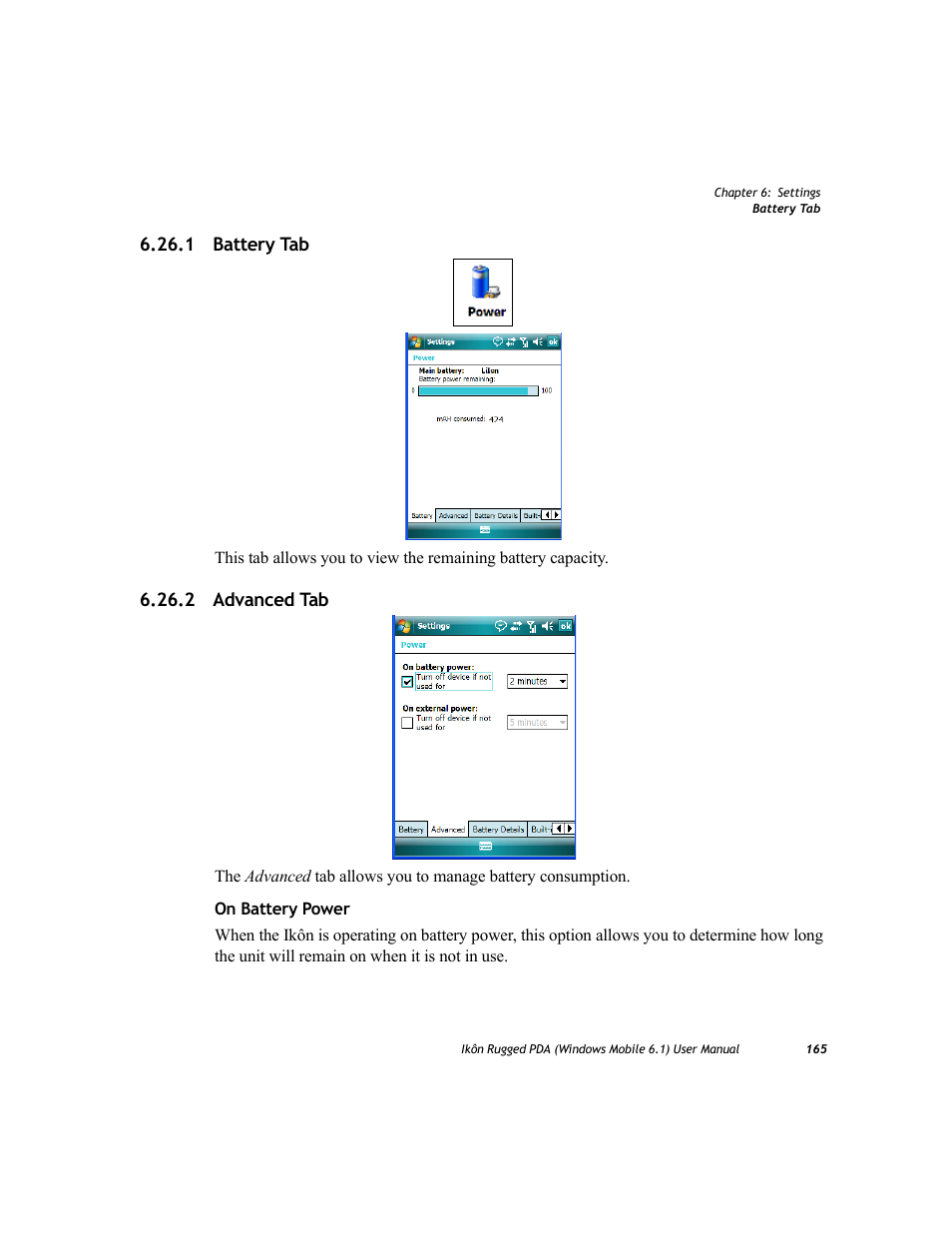 1 battery tab, 2 advanced tab, 1 battery tab 6.26.2 advanced tab | PYLE Audio IKON RUGGED 7505-BT User Manual | Page 179 / 406