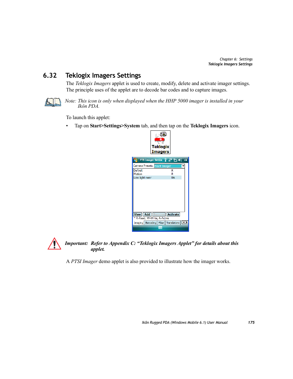 32 teklogix imagers settings | PYLE Audio IKON RUGGED 7505-BT User Manual | Page 189 / 406